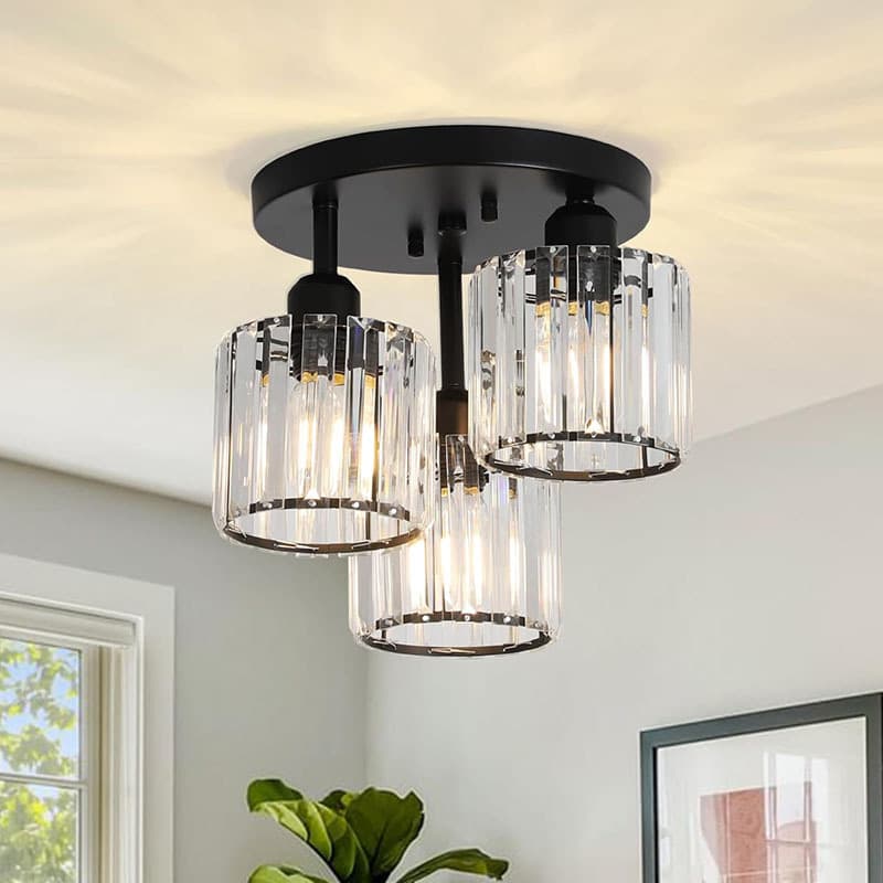 Crystal Ceiling Light Fixture in Black with Transparent Lampshade, Suitable for Entryway, Bedroom, and Hallway Lighting