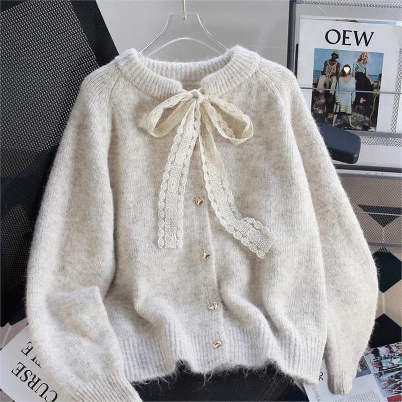 Design Lace Tie Sweater Cardigan Women 2025 New Autumn/Winter Lazy Thickened Soft Knitted Coat