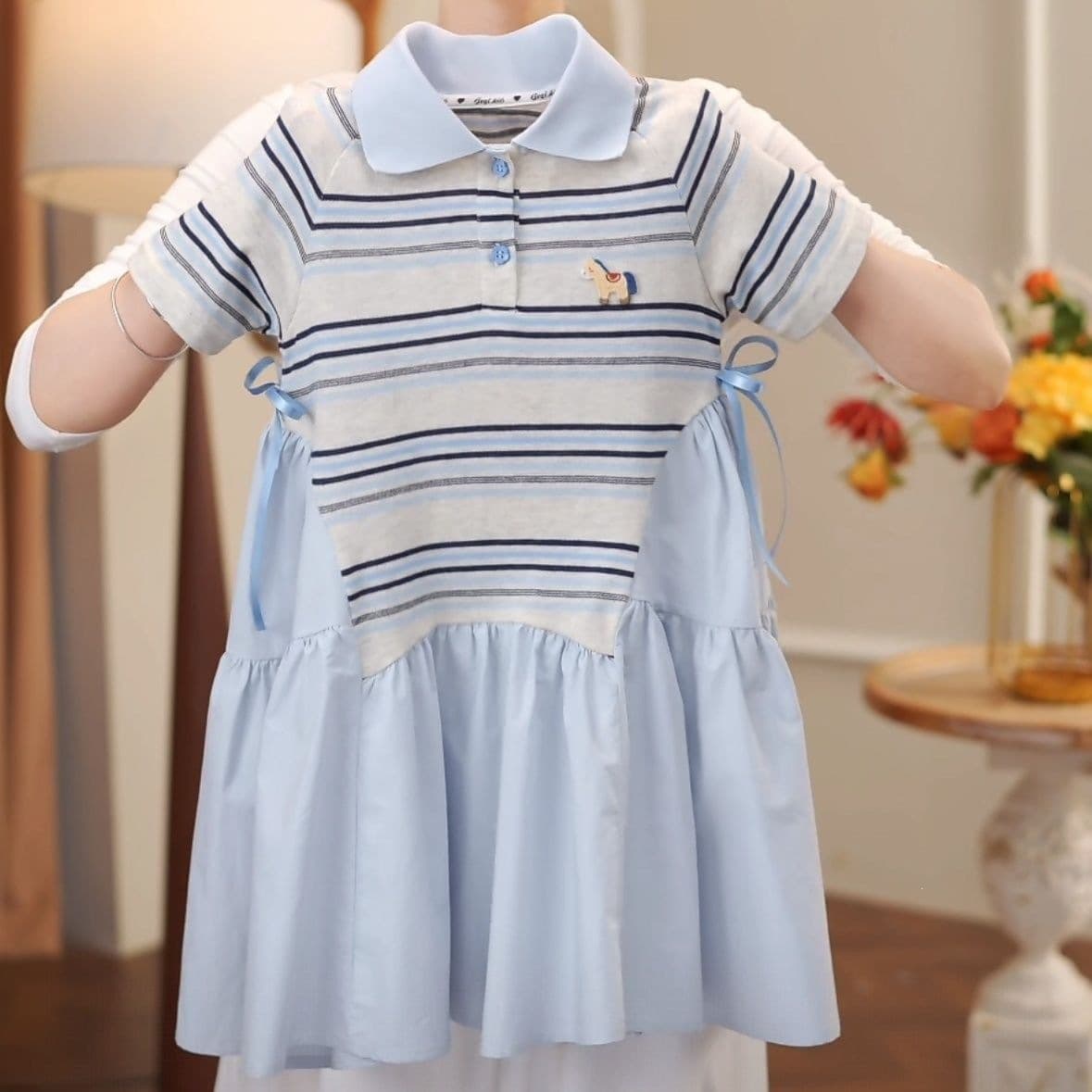Girls' Summer Short Sleeve Dress 2026 Girl Princess New Polo Dress Middle and Big Kids Preppy Style Short Sleeve Dress