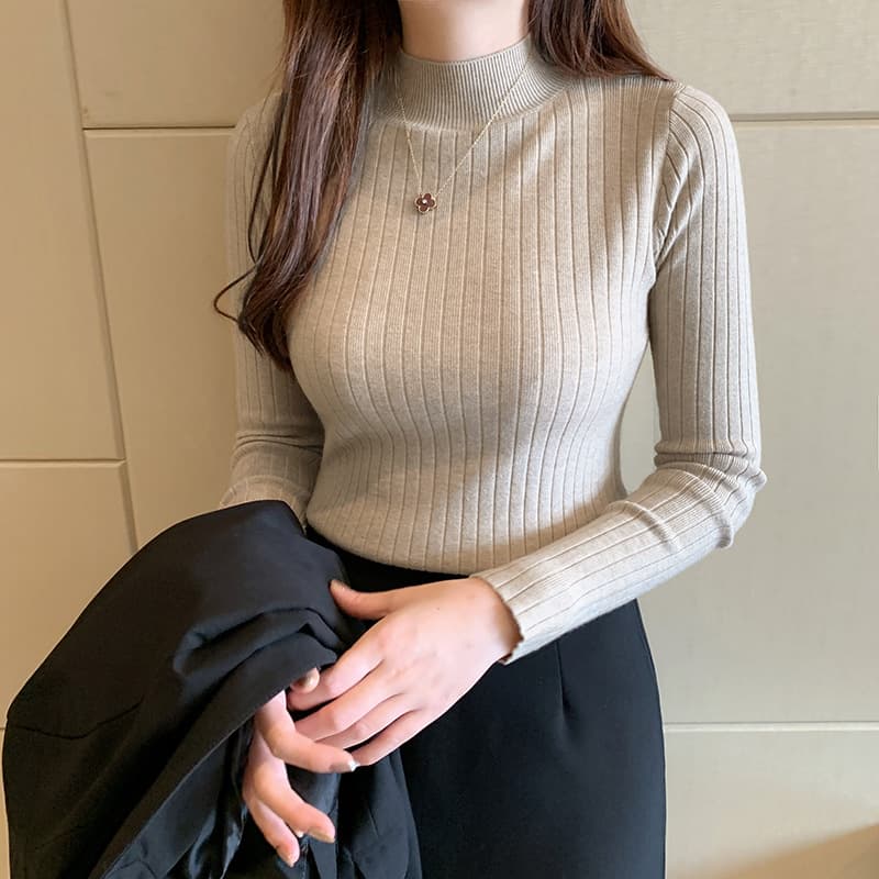 Half Turtleneck Base Tee for Women, Thin Inner Layer, Autumn/Winter New Style, Long Sleeve Knit Sweater, Mock Neck Top