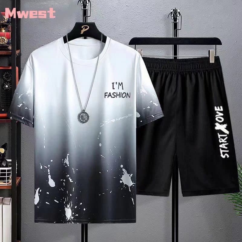 Summer Casual Set for Men Ultra Thin Quick-Dry Ice Silk Short Sleeve T-Shirt Sports 5-Inch Shorts Running Two-Piece Set