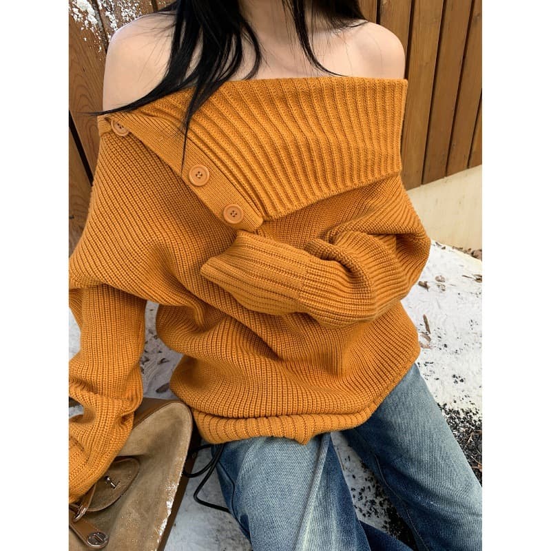 Thirteen Hongs Authentic 2025 Winter New Korean Style Chic Fashion Versatile Two-Way Design Off-Shoulder Knit Top