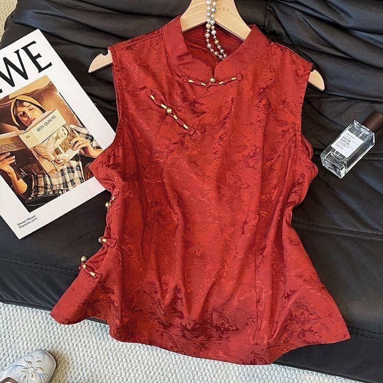 Premium Slim-Fit Red Blouse 2025 Summer New Style New Chinese Fashion Top Trendy Blouse for Women