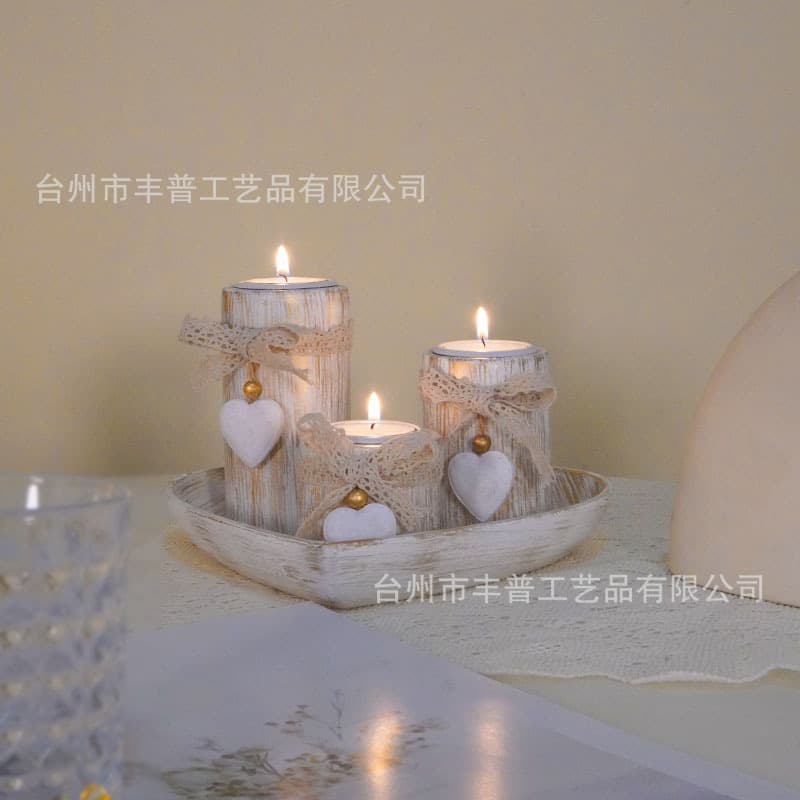New Cross-border Valentine's Day Wooden Heart Candle Holder Set Tea Light Candle Holder Home Craft Decoration