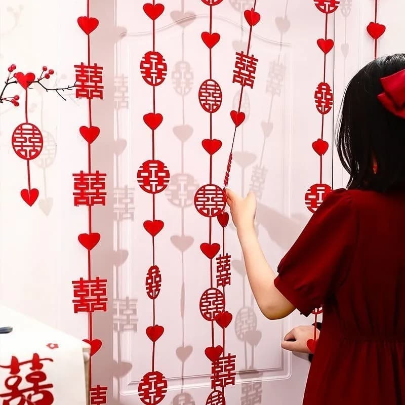 Wedding Room Double Happiness Hanging Decor, Popular Non-woven Double Happiness 3D Heart Strings, Curtain Arrangements for Festivity