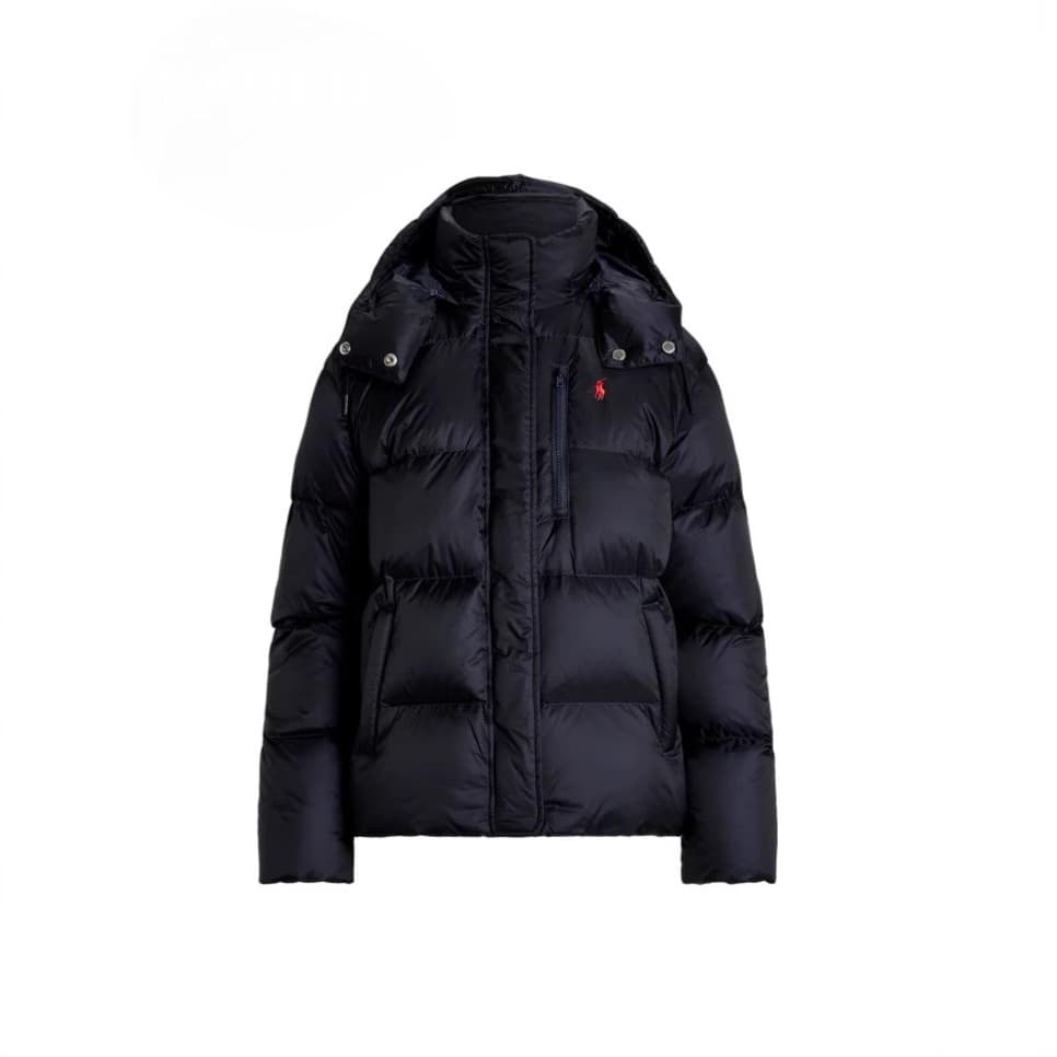 Rl/2025/Women's Loose Fit Classic Down Jacket Embroidered Down Jacket Women's Plaid Navy Blue Detachable Hood