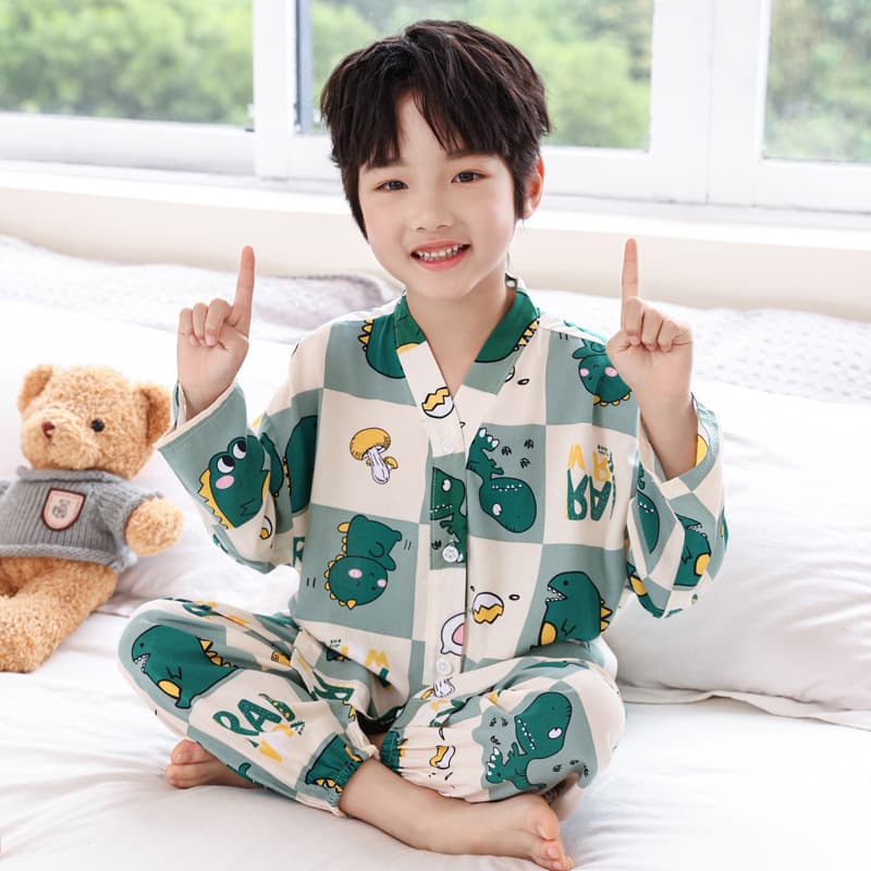 Summer Children's Cotton Silk Pajama Set for Boys and Girls, Cardigan Style, Thin Cotton Silk Homewear for Toddlers and Kids