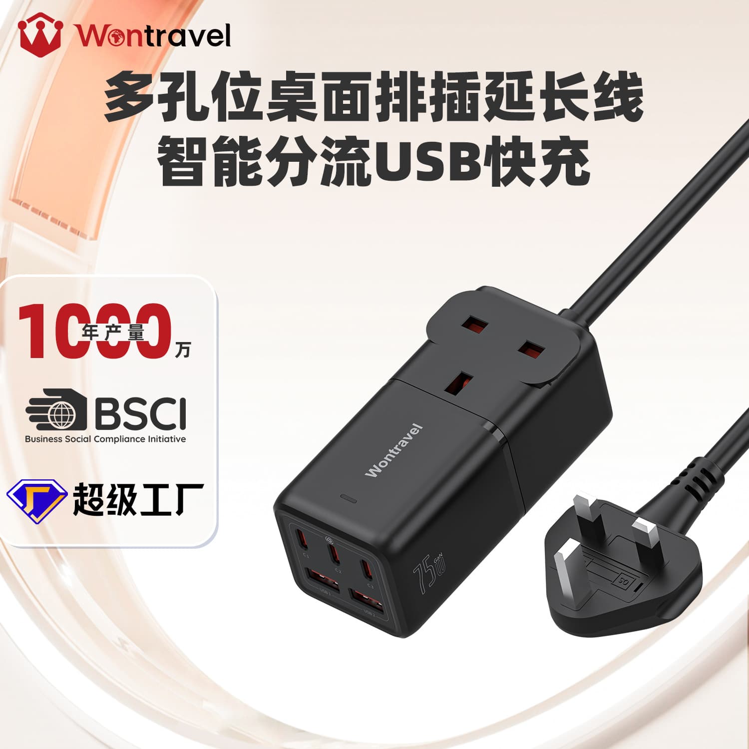 Wanlv Multi-Standard Socket USB GaN 75W Fast Charging Desktop Power Strip UK/EU/US