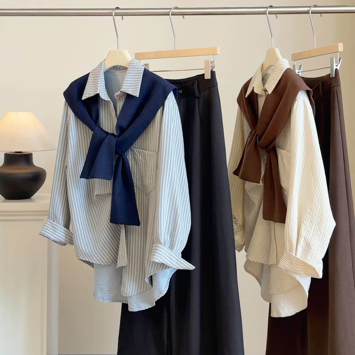 Korean-style Polo collar knit shawl stripe shirt for women, new early autumn collegiate loose versatile blouse top