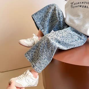 Girls' Pants 2025 New Spring/Autumn Trendy Denim Jeans Baby Girl Leopard Print Wide Leg Pants