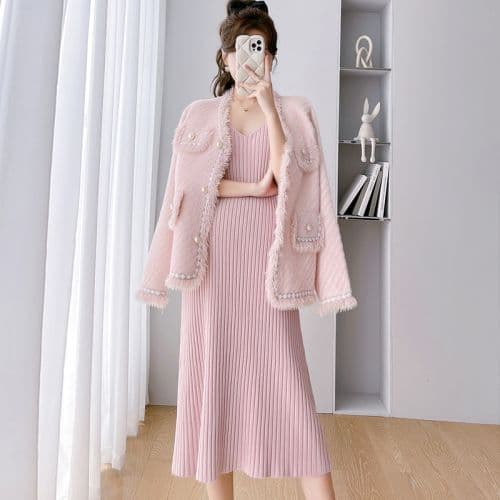 Maternity Autumn and Winter Dress Set, Chic Style Jacket Two-Piece, Fashionable Set for Spring and Autumn, Strappy Dress Fashion Set
