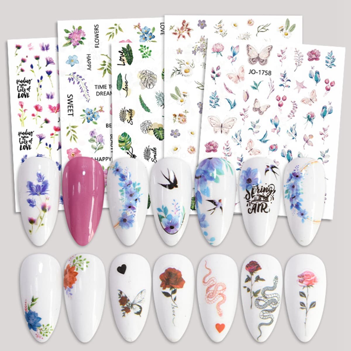Nail Stickers Ins Style Fresh Floral Butterfly Leaf Rose English Tattoo Nail Decals