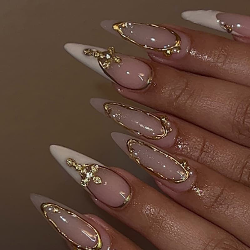 Hot-selling wearable nails with gold diamonds and French white tips, ready-made press-on nails for cross-border e-commerce in Europe and America
