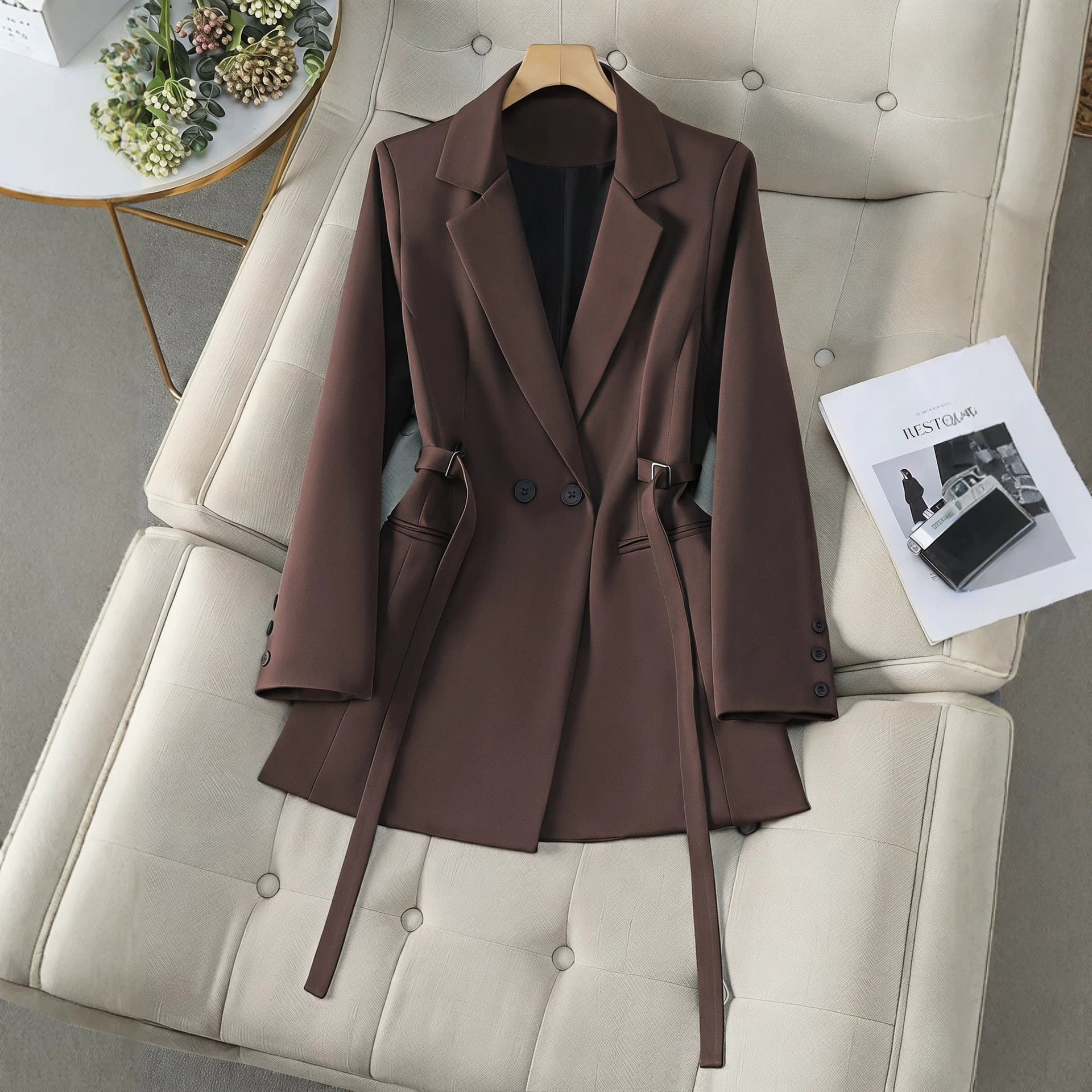 Cross-border European and American Blazer Notch Lapel Double Breasted Double Side Belt Waist Cinching Small Suit Dark Brown Draping Structured Office Blazer