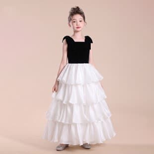 High-End Black and White Color-Block Evening Dress Girl Stylish Birthday Cake Skirt Premium Little Host Performance Dress