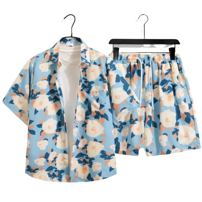 Blue Beach Floral Print Short Sleeve Shirt Unisex Couple Style Vacation Casual Thailand Songkran Festival Hawaiian Shirt