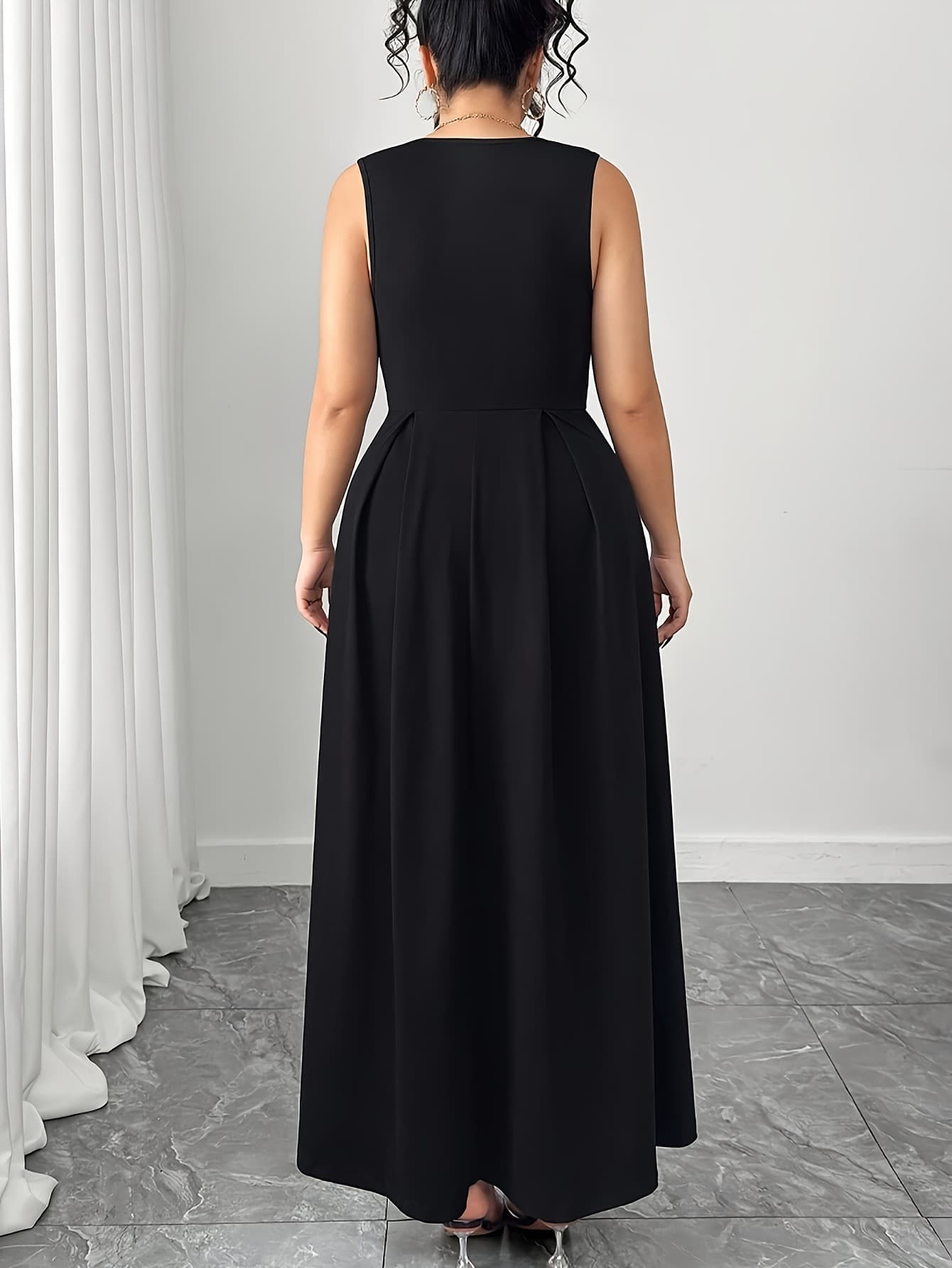 European and American Cross-border Plus Size Women's Summer V-Neck Waist-Slimming Dress French Simple Sleeveless