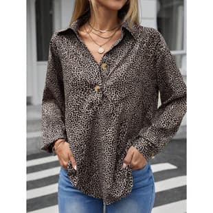 Amazon Cross-border European Autumn New Leopard Print Casual Relaxed Fit Slimming V-Neck Long-Sleeve Top Blouse Women