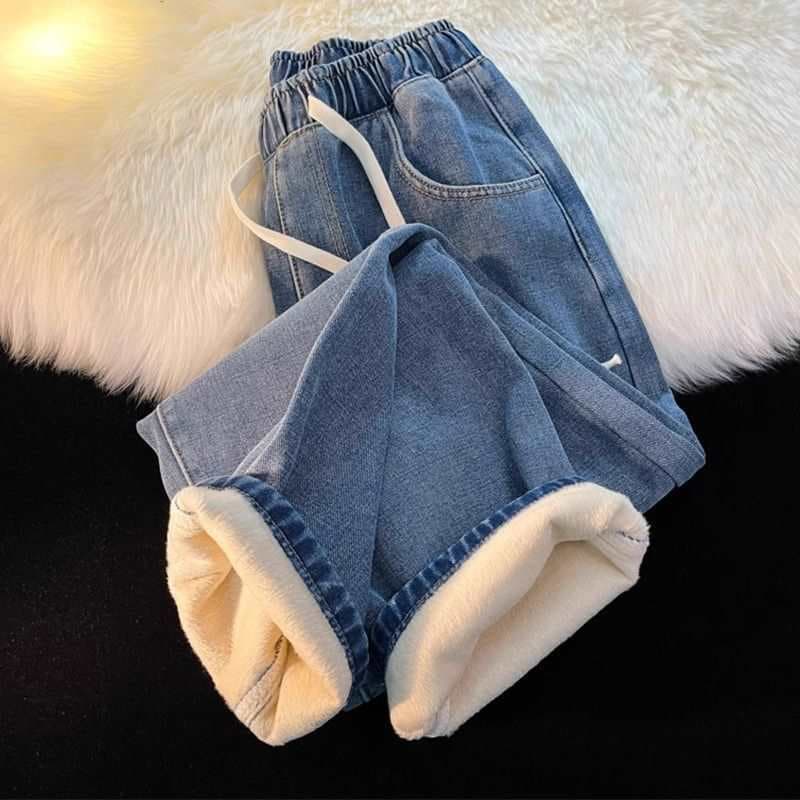 Fleece-Lined Thick Straight-Leg Winter 2025 New Cotton Elastic Waist Thermal Pants Women's Jeans Student Long Pants