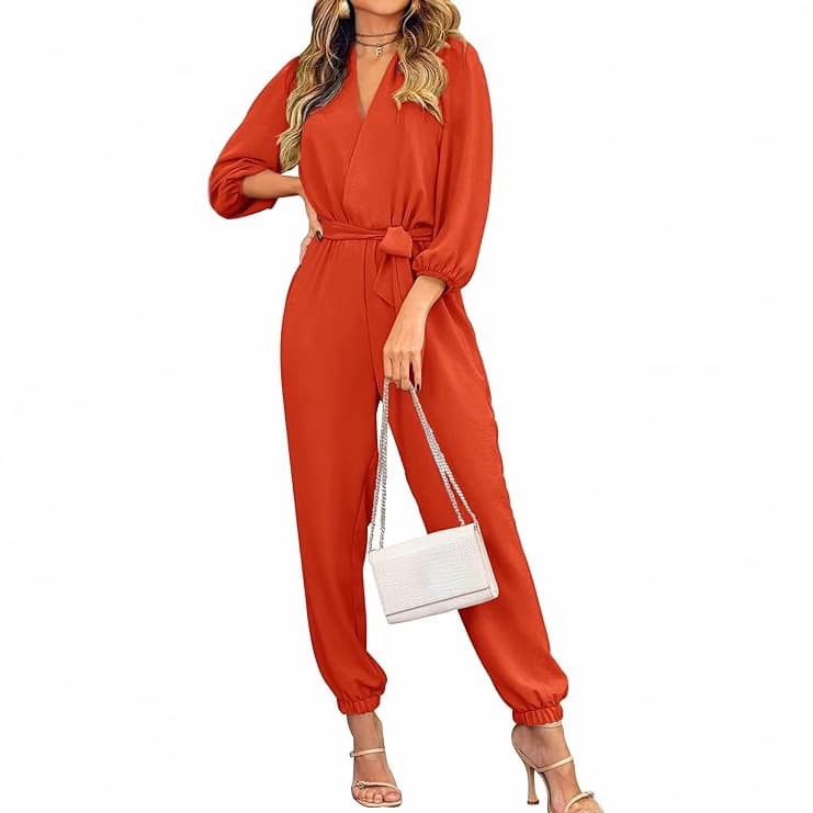 Europe and US Cross-Border Amazon 2025 Trending Casual Dress Jumpsuit Long Sleeve Belt Pocket Pants Jumpsuit