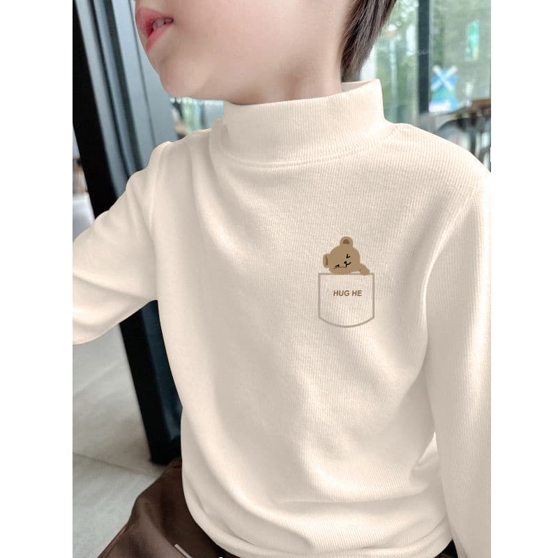 Y2556# Children's Velvet Semi-high Neck Base Layer Autumn/Winter Boy Long Sleeve T-shirt Big Kids Fleece-Lined Warm Top T