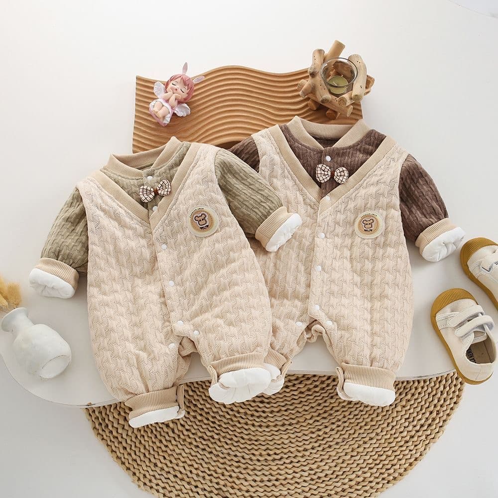 Thickened Cotton Romper Suit for Baby Boys Warm Winter Clothes Gentleman Style Autumn Winter Outfit Long Sleeve Non-Hooded