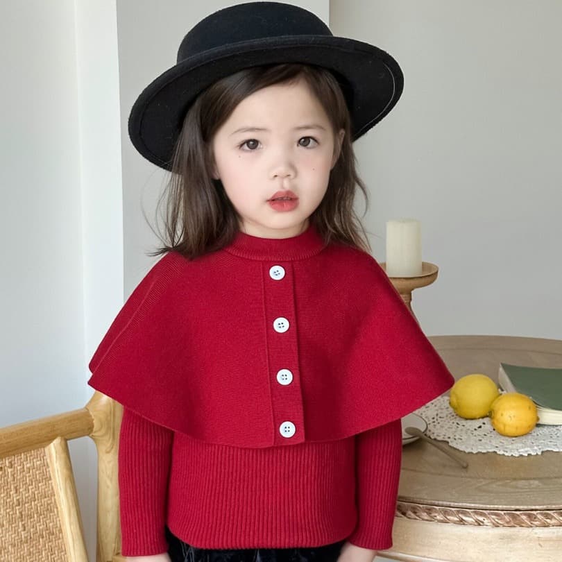 Kids Clothing Live Stream Source, Wholesale Girls' Cape Sweater, Versatile Red Knitwear for Children