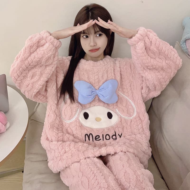 Japanese Cartoon Sweet Melody Jacquard Fleece Pajama Set for Women, Autumn Winter Warm Loose Casual Student Homewear