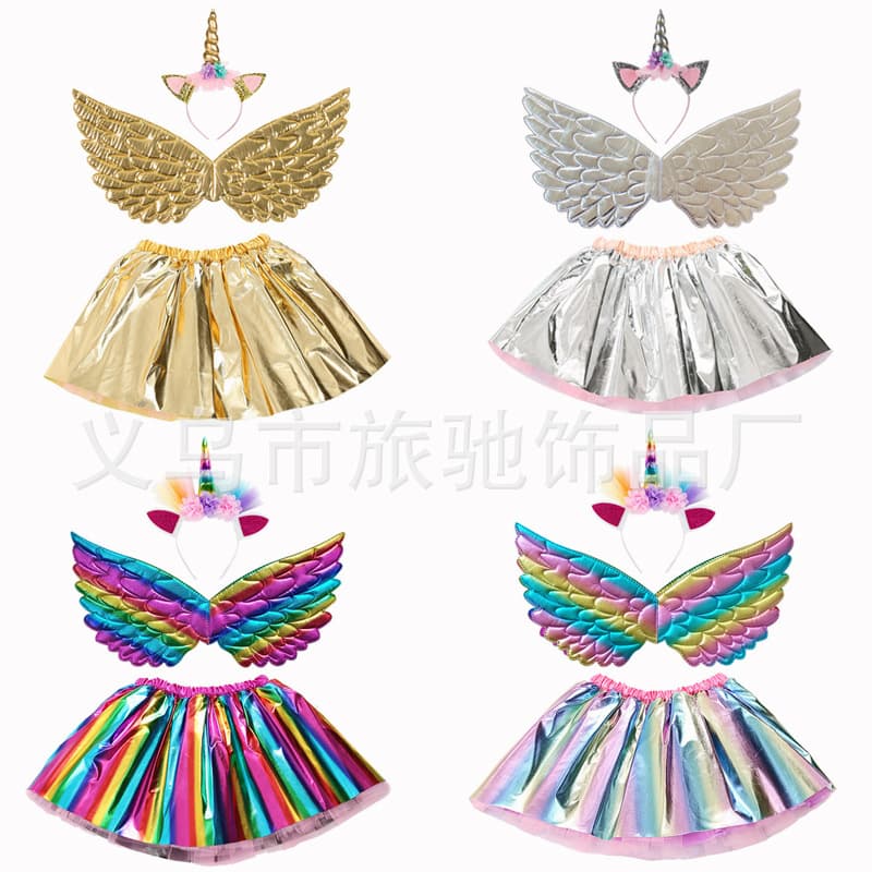 New Unicorn Headband Children's Angel Wings Back Accessory Puffy Skirt Tutu Dress Rainbow Color Princess Dress for Girls