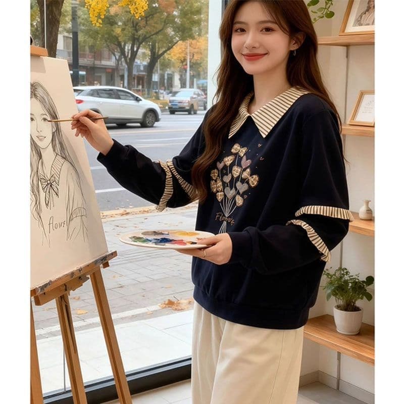 Plus Size American Vintage Style Printed Long Sleeve Sweatshirt for Women, Autumn and Winter, Slimming Design with Faux Layering Top