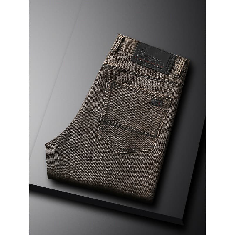 European version of high-end trendy jeans for men in autumn and winter covered with antique brown, distressed elastic slim small straight pants with fashionable personality