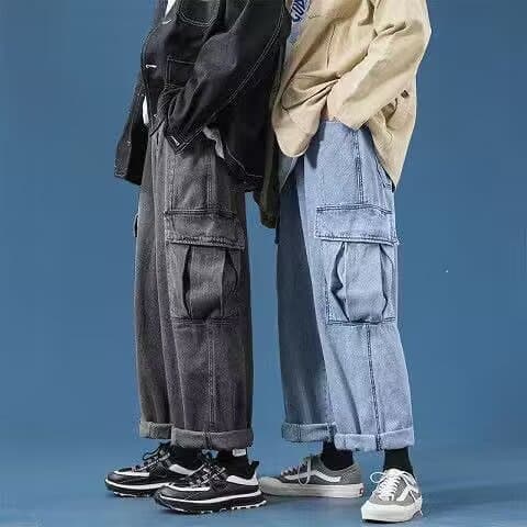 Cargo jeans men's ins trendy brand loose straight big pocket wide leg pants Hong Kong style retro floor mopping dad pants
