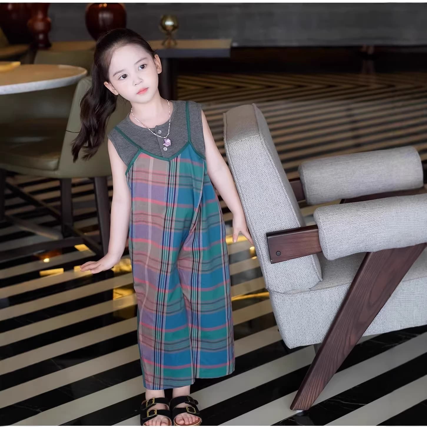 Children's Girls' Set: Sleeveless Vest Undershirt with Plaid Jumpsuit, 2026 Summer New Arrival Export Children's Wear