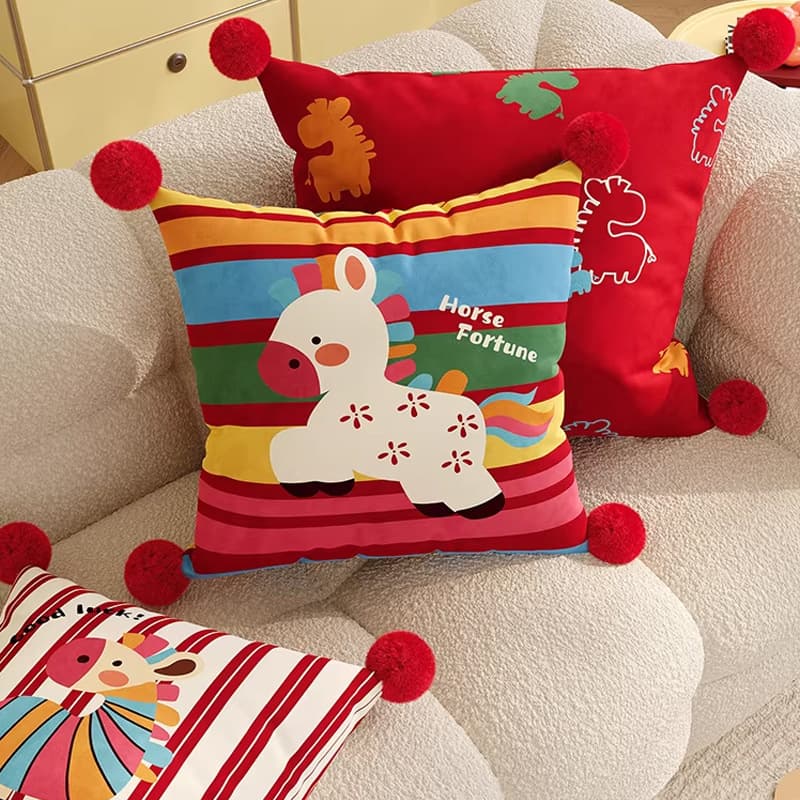 Cartoon New Year Living Room Throw Pillow Sofa Backrest Cushion Home Red Year of the Horse Decorative Pillow Festive Bedroom Headboard Pillow