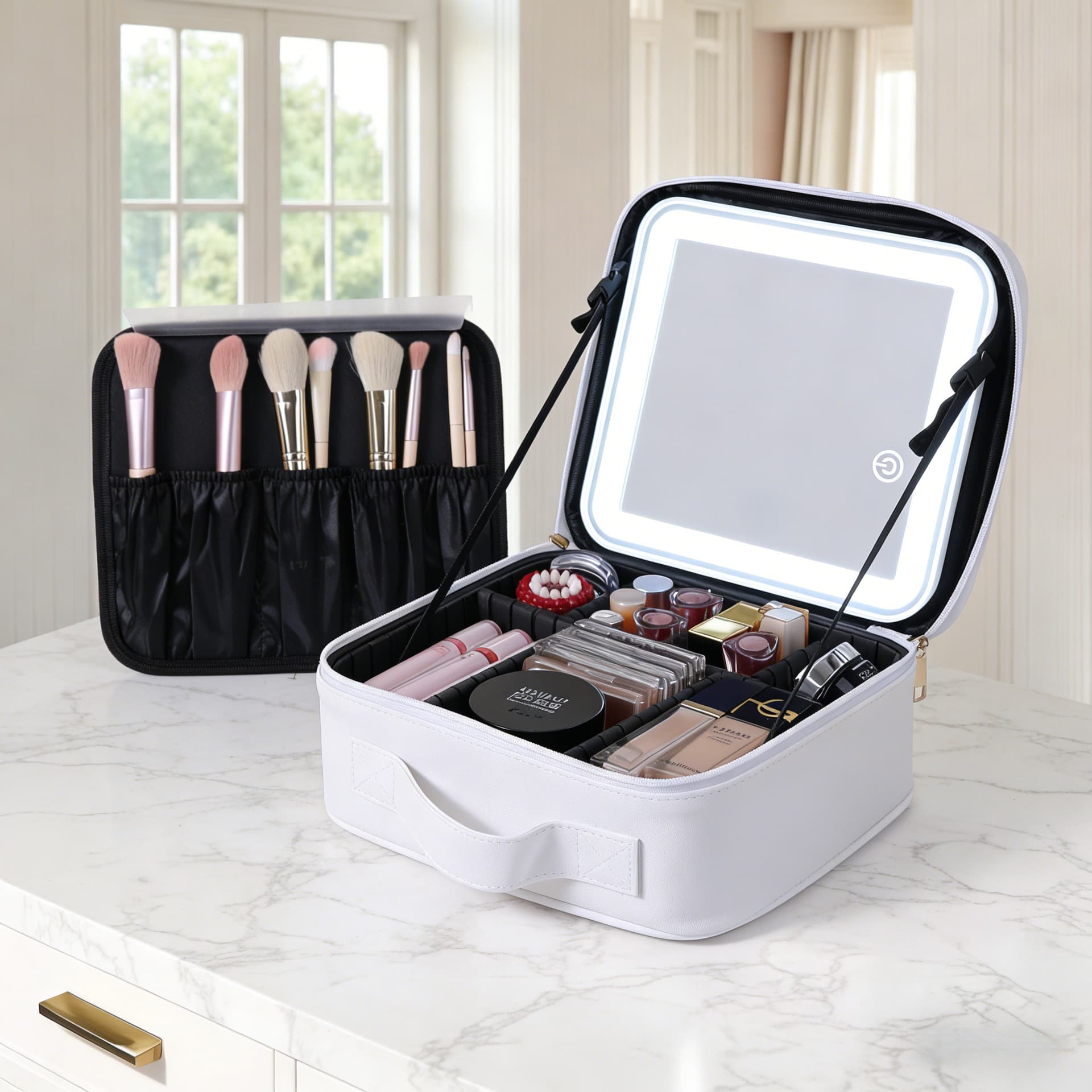 Customized cosmetic case, advanced LED with mirror, women's portable large-capacity portable partitioned cosmetic bag for makeup artists