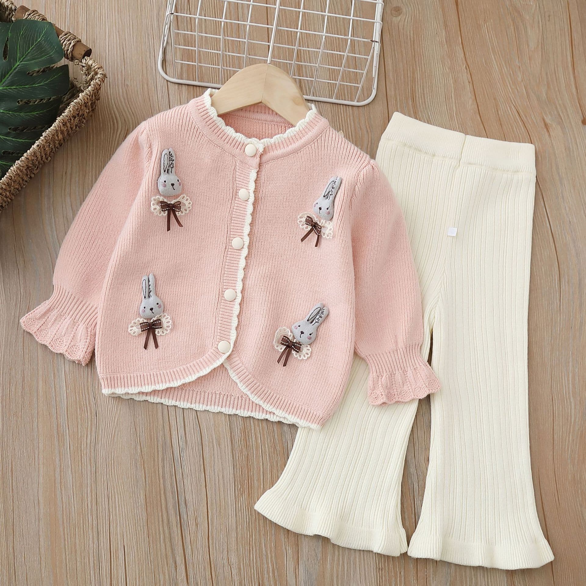Girls' Sweater Two-Piece Set Knitted 2023 Autumn and Winter New Style Cartoon Bunny Little Girl Sweet Sweater Set
