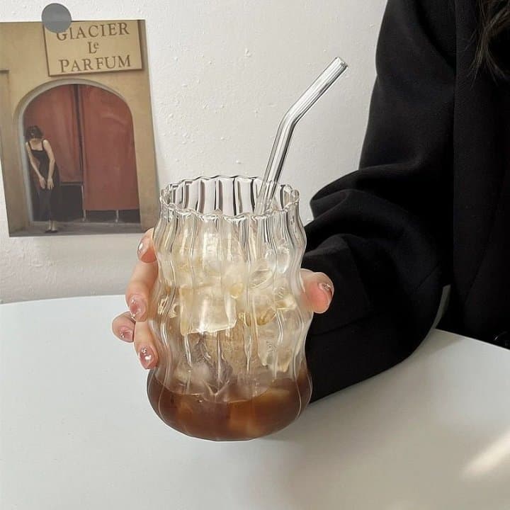 Ins Chubby Spiral Cup, Light Luxury Striped Flat Cloud Cup, Borosilicate Glass Milk Coffee Cup