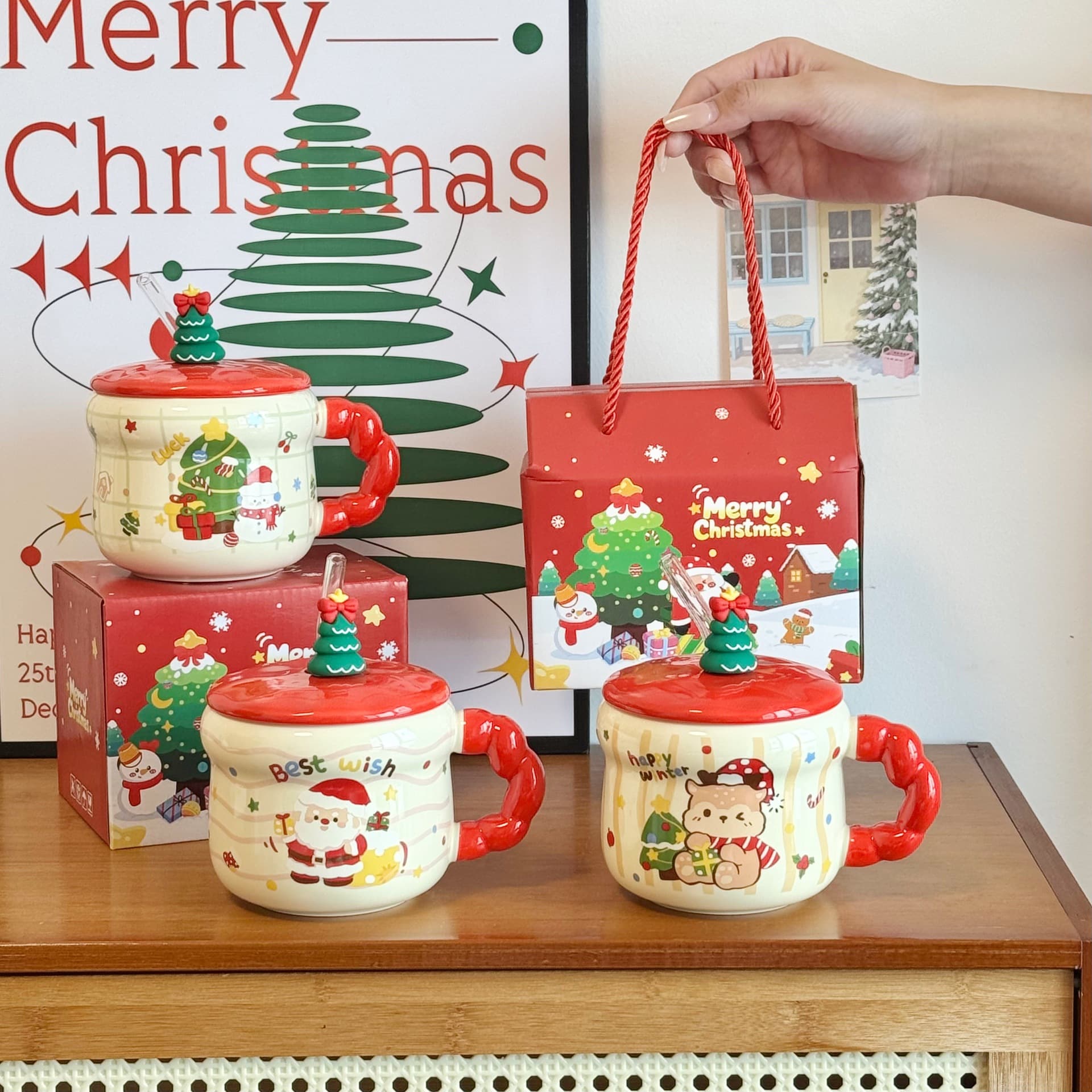Christmas Cartoon Ceramic Mug Santa Claus Gift High Aesthetic Ceramic Cup with Lid Gift