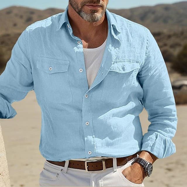 New Men's Linen Casual Shirt Simple Leisure Clothing for Cross-border Independent Station