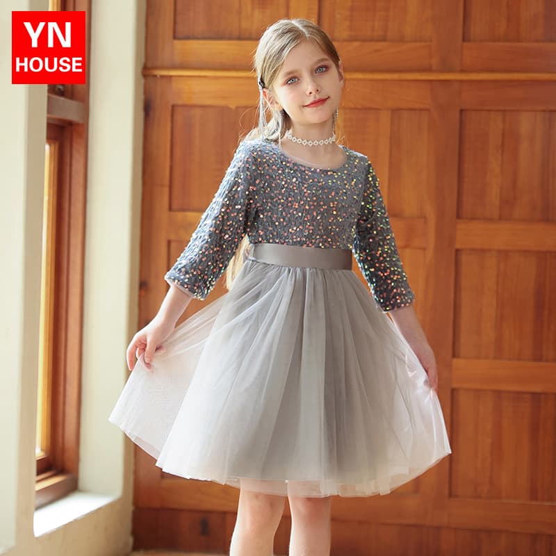 Children's performance dress, girl's gray sequined mesh princess dress, girl's host piano catwalk performance clothing