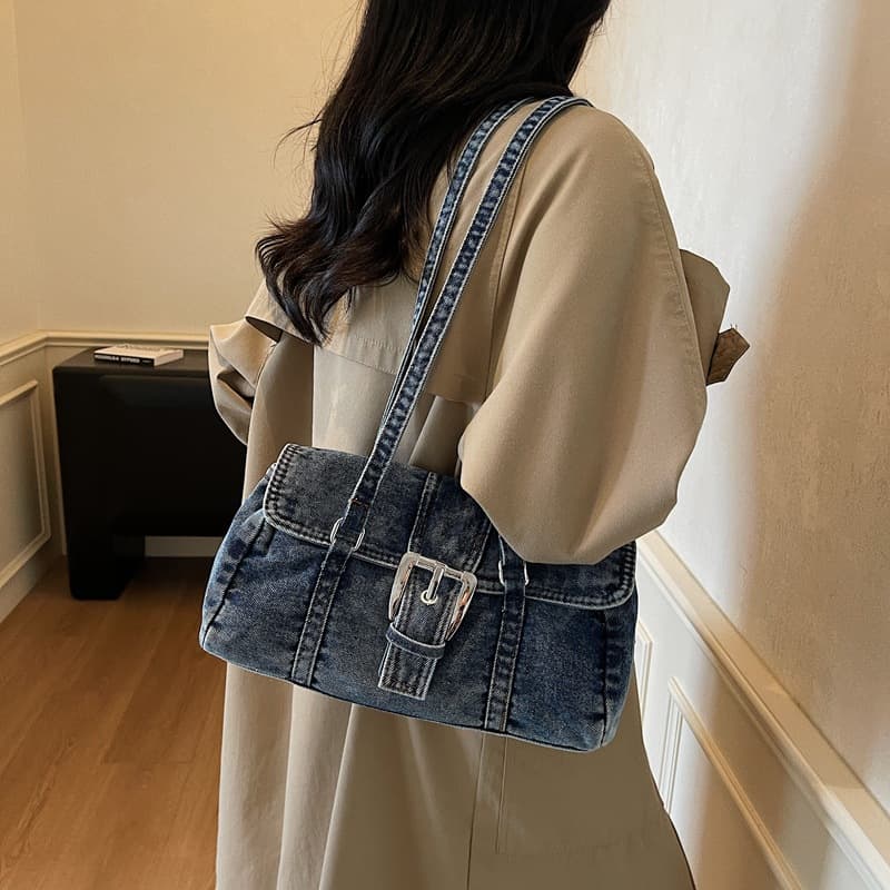 2025 Autumn Retro Literary Denim Bag Women's Large Capacity Tote Bag Student Class Bag Simple Casual Backpack