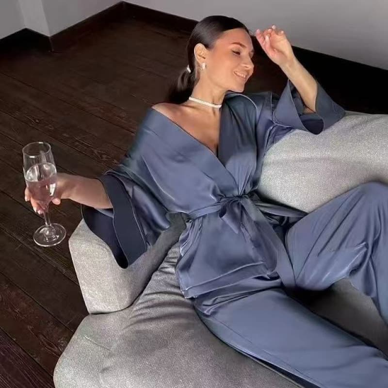 European and American Sexy Lingerie Women's Nightgown Sleepwear Elastic Satin Top and Pants Two-Piece Set