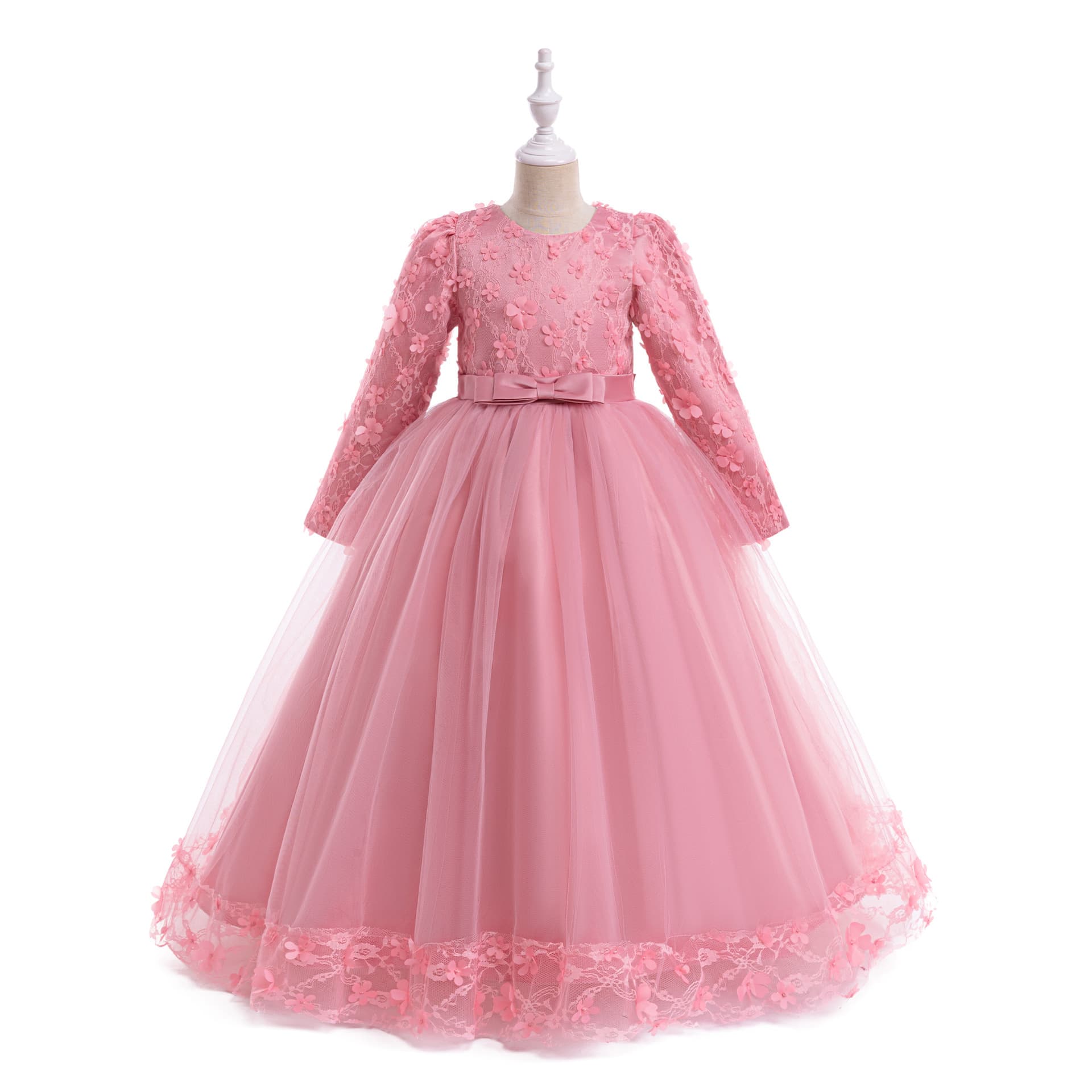 Princess Style Long Sleeve Children's Dress Wedding Gown Puffy Skirt Flower Girl Performance Costume Mid-Large Children's Dress
