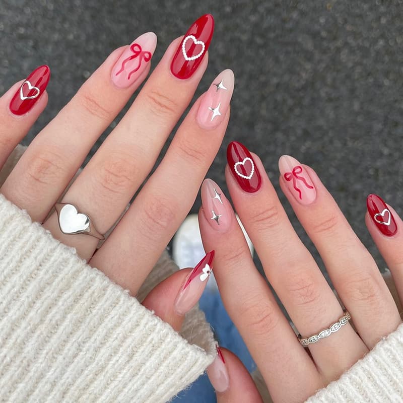 Valentine's Day Press-On Nails Almond Red Nails Heart Bow Minimalist Style Nail Tips Press-On Nails Wholesale