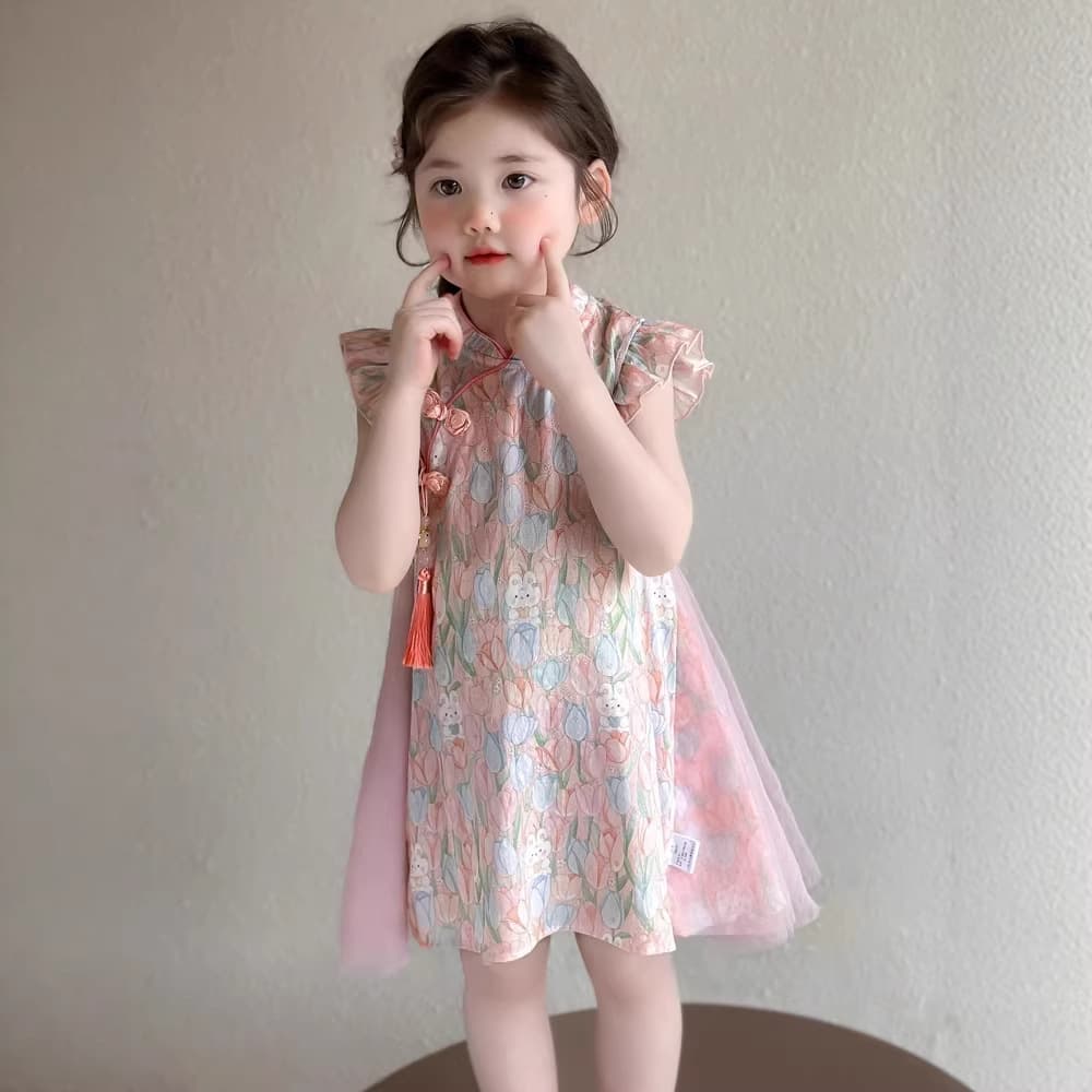 2026 Baby New Chinese Style Summer Dress Thin Girl Princess Dress 3689 Girls Mesh Floral Skirt