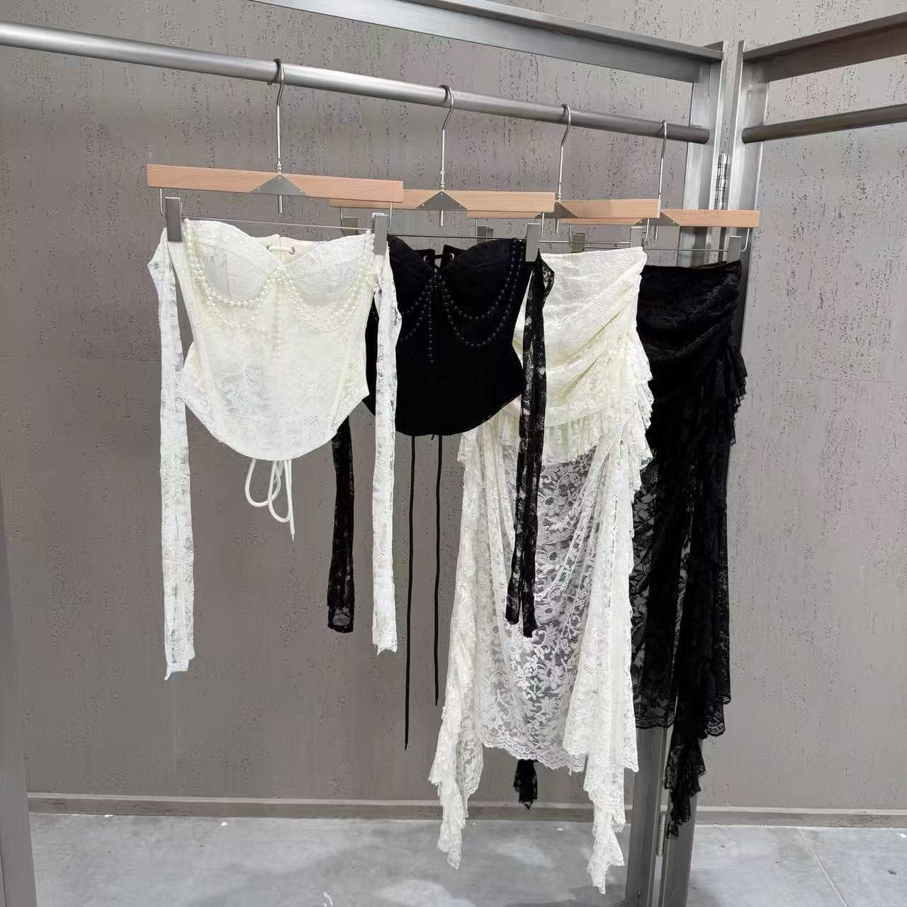 2026 Summer Vietnamese Designer Pearl Embellished Lace Corset Top and High-Low Skirt Set
