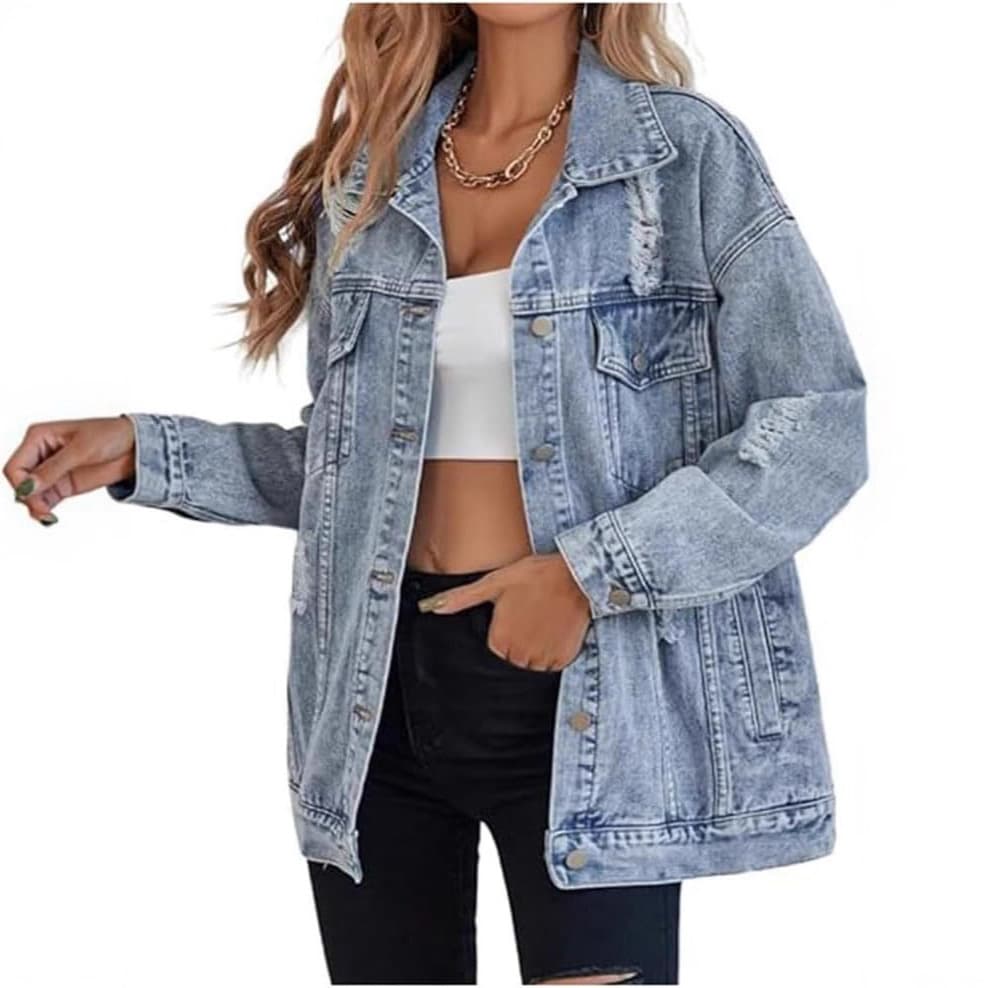 Cross-border TEMU Amazon Women's Oversized Denim Jacket Boyfriend Ripped Distressed Style Denim Coat NK376