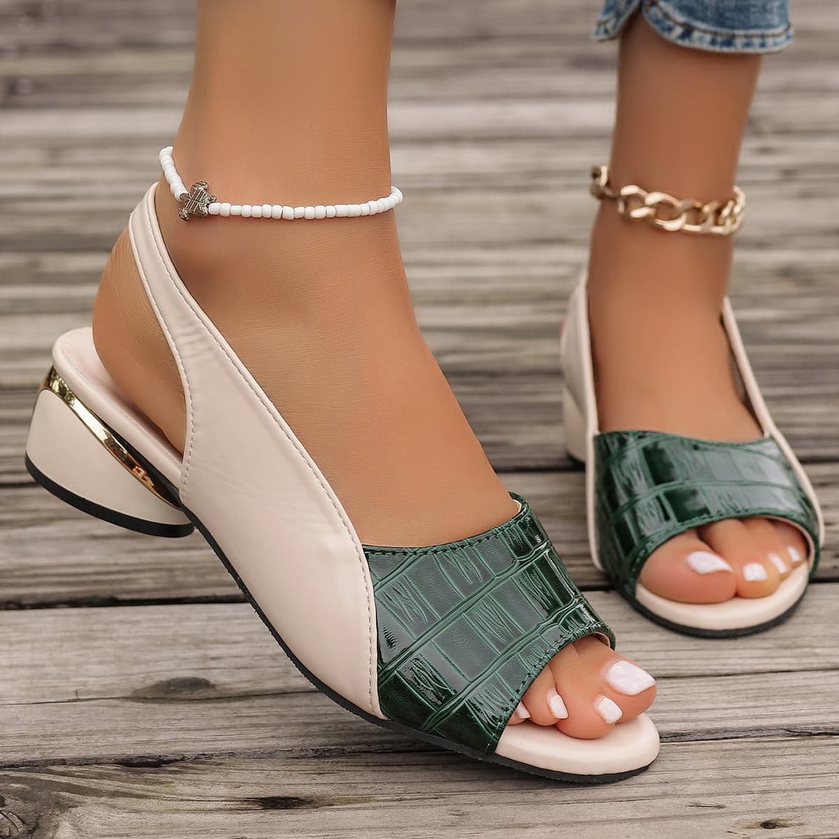 Cross-border trade plus size women's sandals summer new fish mouth spliced mid heel one word buckle comfortable color block sandals