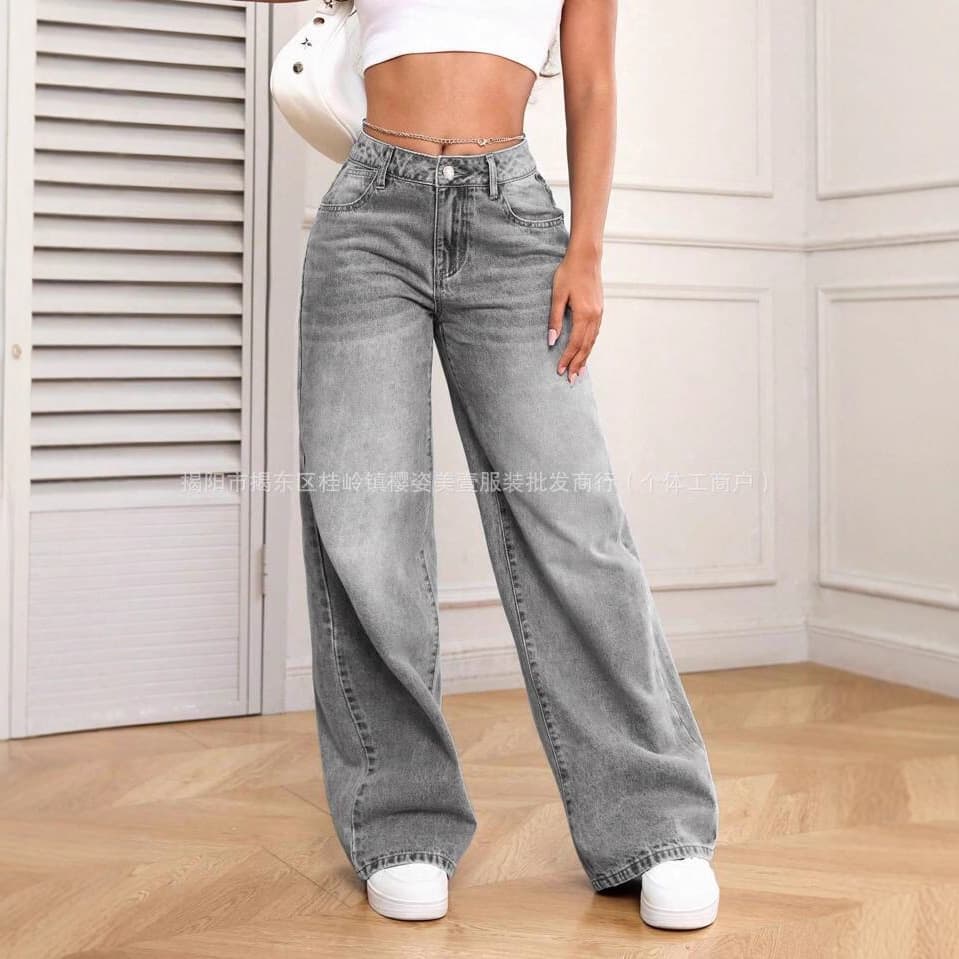 Cross-border sky gray high waist retro loose wide leg jeans women's European and American Amazon straight slim trousers