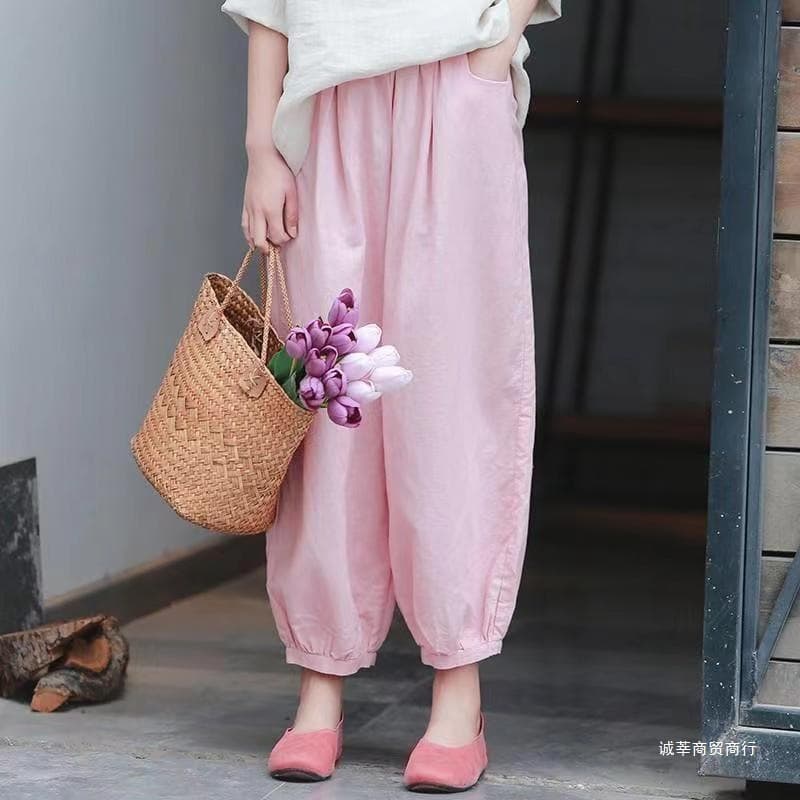Bohemian Retro Cotton Linen Loose Harem Pants for Women, Summer Thin Style, Versatile Slimming Elastic High-Waist 9/10 Length Casual Pants